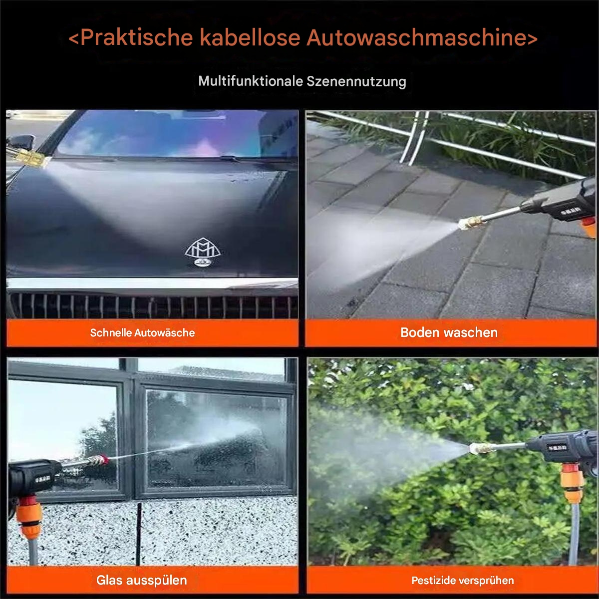 Eine Reihe von Fotos, die einen schwarzen Hochdruckreiniger zeigen, der verschiedene Oberflächen reinigt.