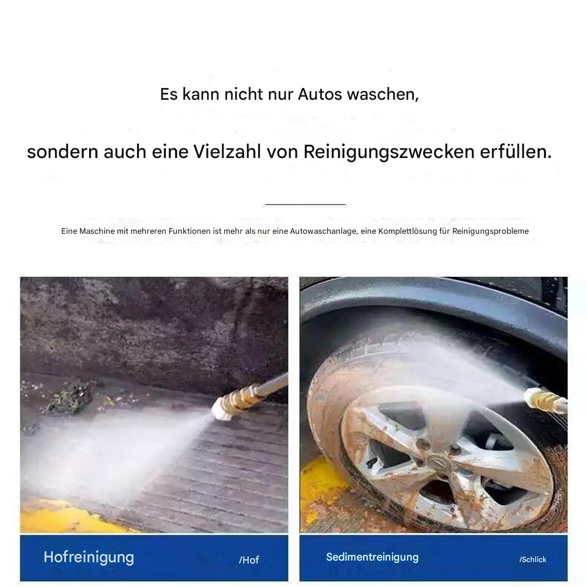 Zwei Bilder: ein Schlauch reinigt einen Hof und ein Hochdruckreiniger reinigt ein Autorad. Text auf Deutsch.