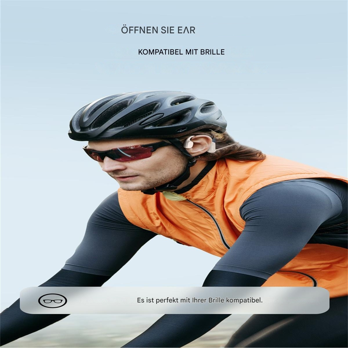 Radfahrer mit Helm und Sonnenbrille, mit Text über die Kompatibilität mit Brillen.