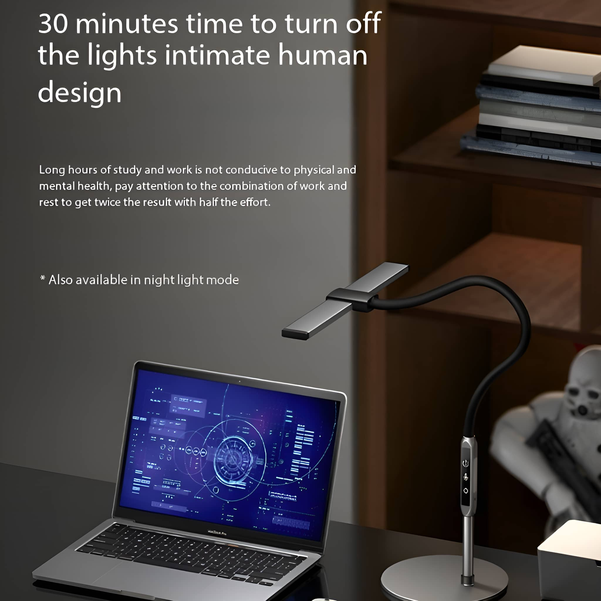 Ein Schreibtisch mit Laptop und Lampe. Text über die Lampe und Lerngewohnheiten, mit grauem Hintergrund.