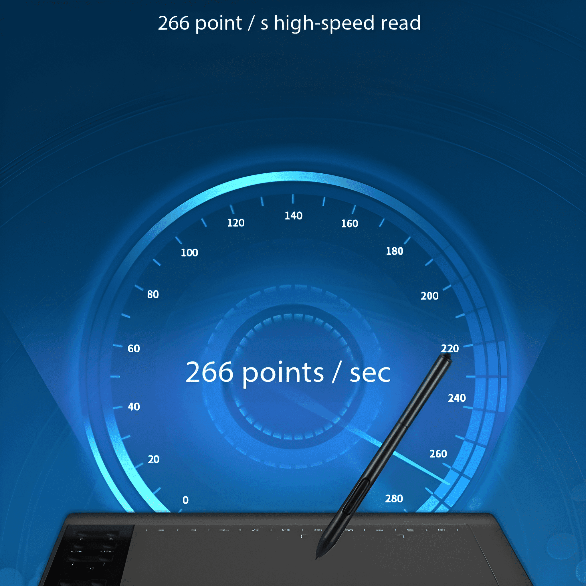Stift zeigt auf ein digitales Tablet. Geschwindigkeit wird mit 266 Punkten/Sekunde angezeigt.