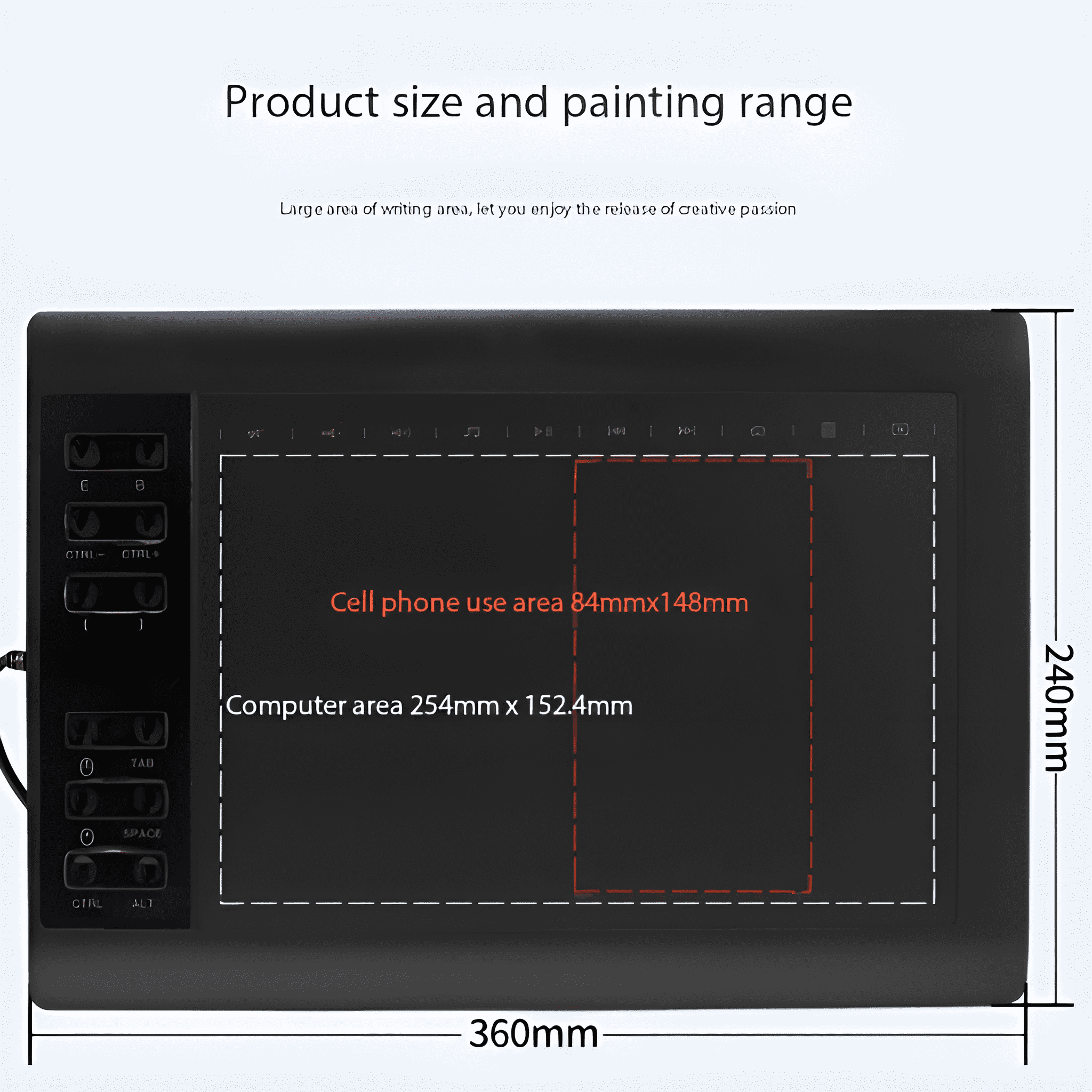 Schwarzes Tablet mit Abmessungen: 360 mm x 240 mm. Handy-Nutzungsbereich: 84 mm x 148 mm. Computerbereich: 254 mm x 152,4 mm.