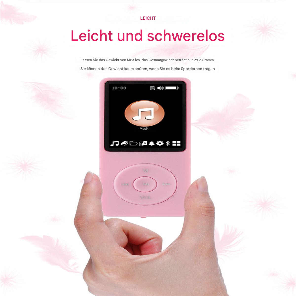 Ein rosa MP3-Player, der von einer Hand gehalten wird. Der Hintergrund hat rosa Federn und Text auf Deutsch.
