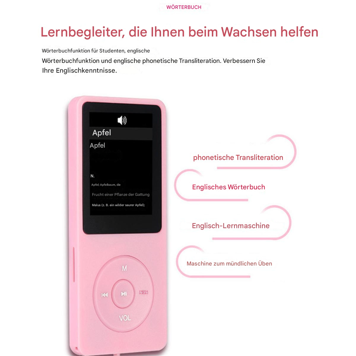 Ein rosa MP3-Player mit Bildschirm. Text auf Deutsch beschreibt Funktionen und bietet eine Wörterbuchfunktion.