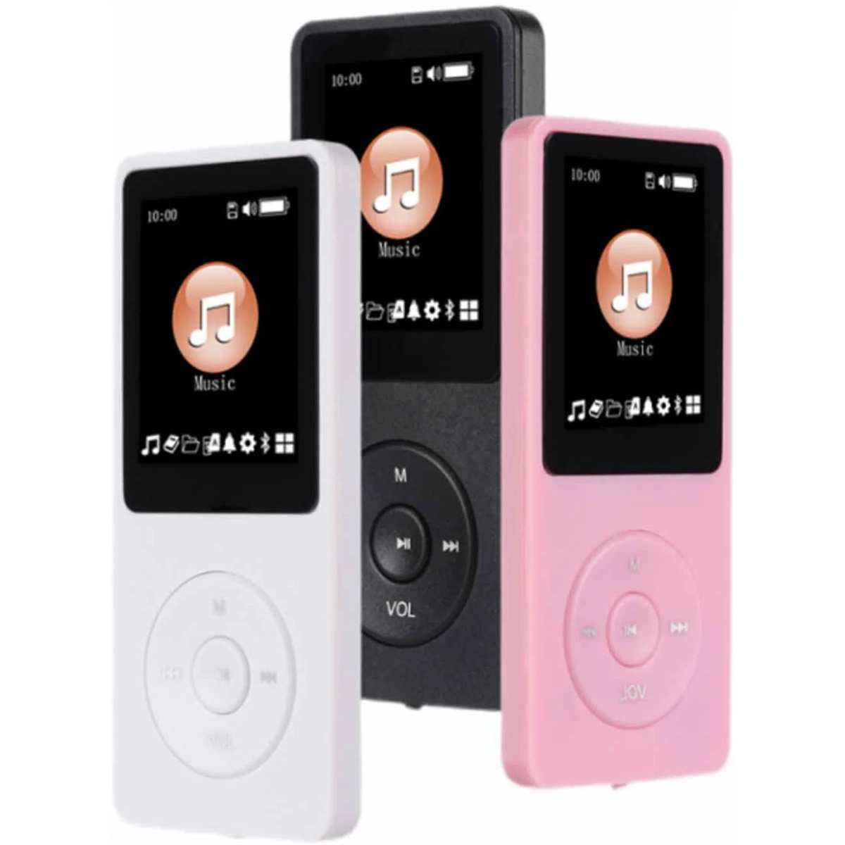 Drei MP3-Player: weiß, schwarz und rosa, zeigen Musik-Interface auf Bildschirmen.