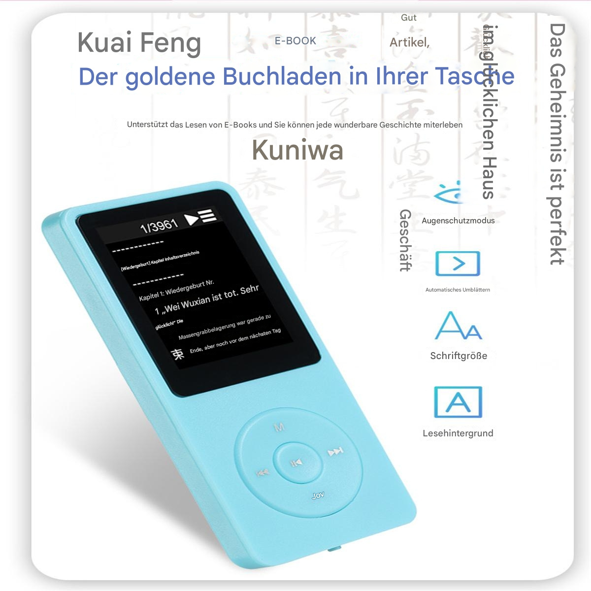 Blauer E-Book-Reader mit Knöpfen, Text auf Chinesisch und ein paar Symbolen. Weißer Hintergrund.