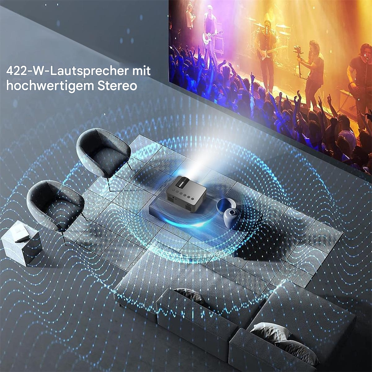 Projektor auf Glastisch mit Band auf Leinwand, zwei Stühle. Blaue Lichteffekte.