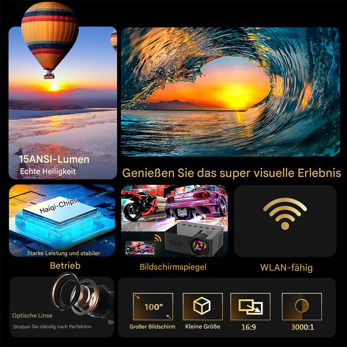 Ein Werbebild mit Sonnenuntergang über Wasser, einem Heißluftballon und anderen kleinen Produktbildern.