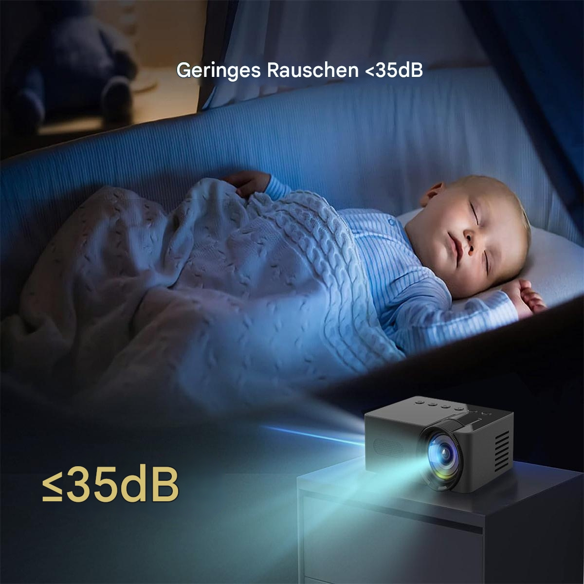Ein Baby schläft in einem Kinderbett. Ein Projektor projiziert Licht auf das Baby, mit dem Text '≤35dB'.