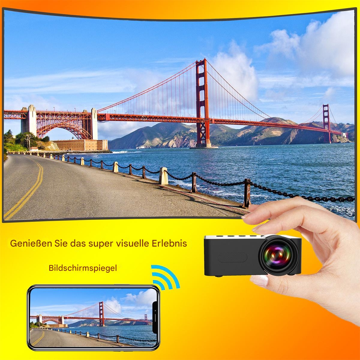 Golden Gate Bridge auf gebogenem Bildschirm mit Handprojektor, der die gleiche Szene zeigt.