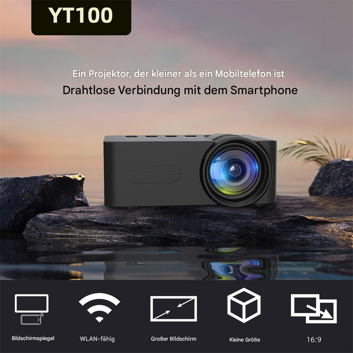 Ein schwarzer Projektor mit Objektiv, Text 'YT100'. Symbole darunter: Spiegel, WLAN, Bildschirm, Würfel und 16:9-Verhältnis.