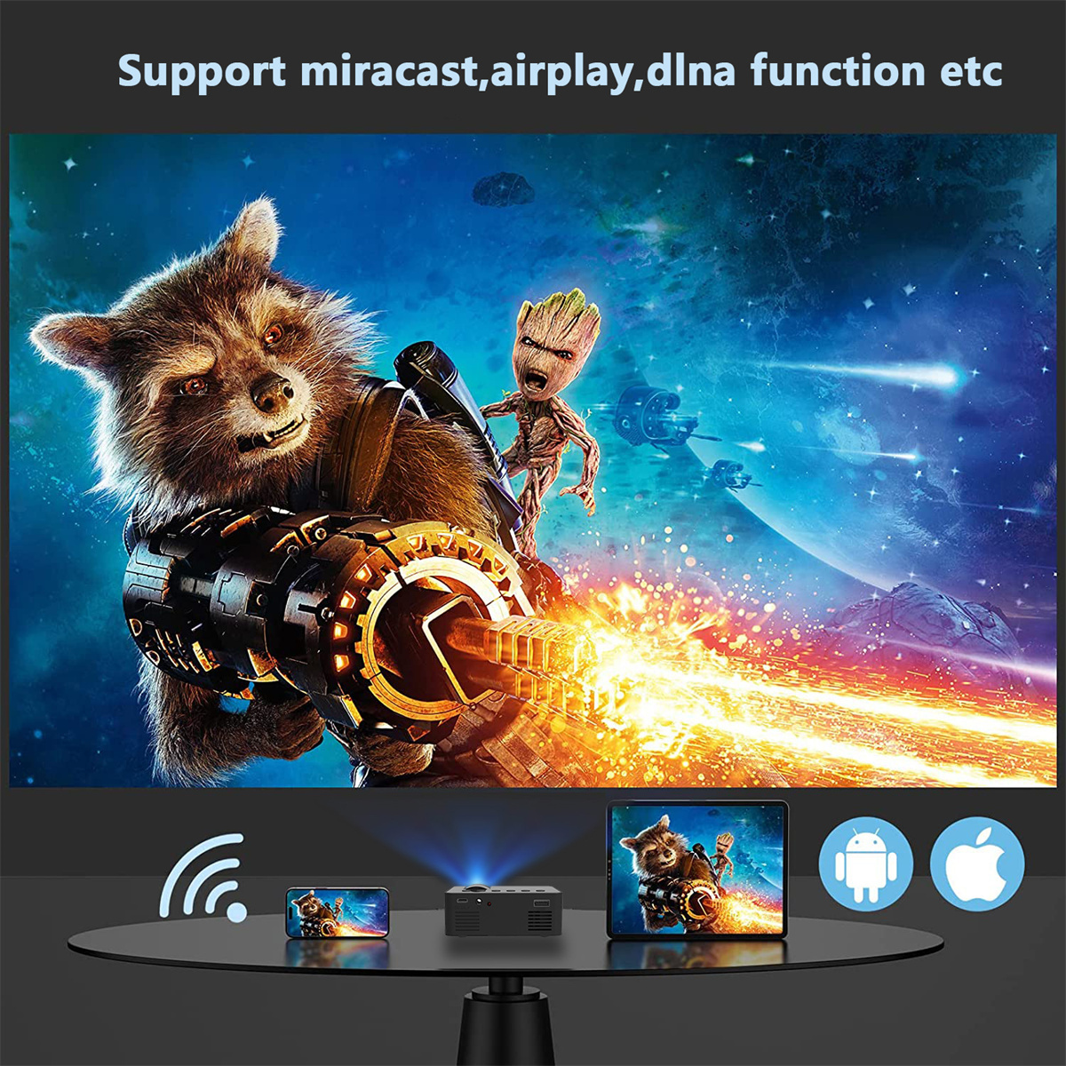 Projektor mit Waschbär, Baby Groot und unterstützenden Geräten auf einem Tisch.