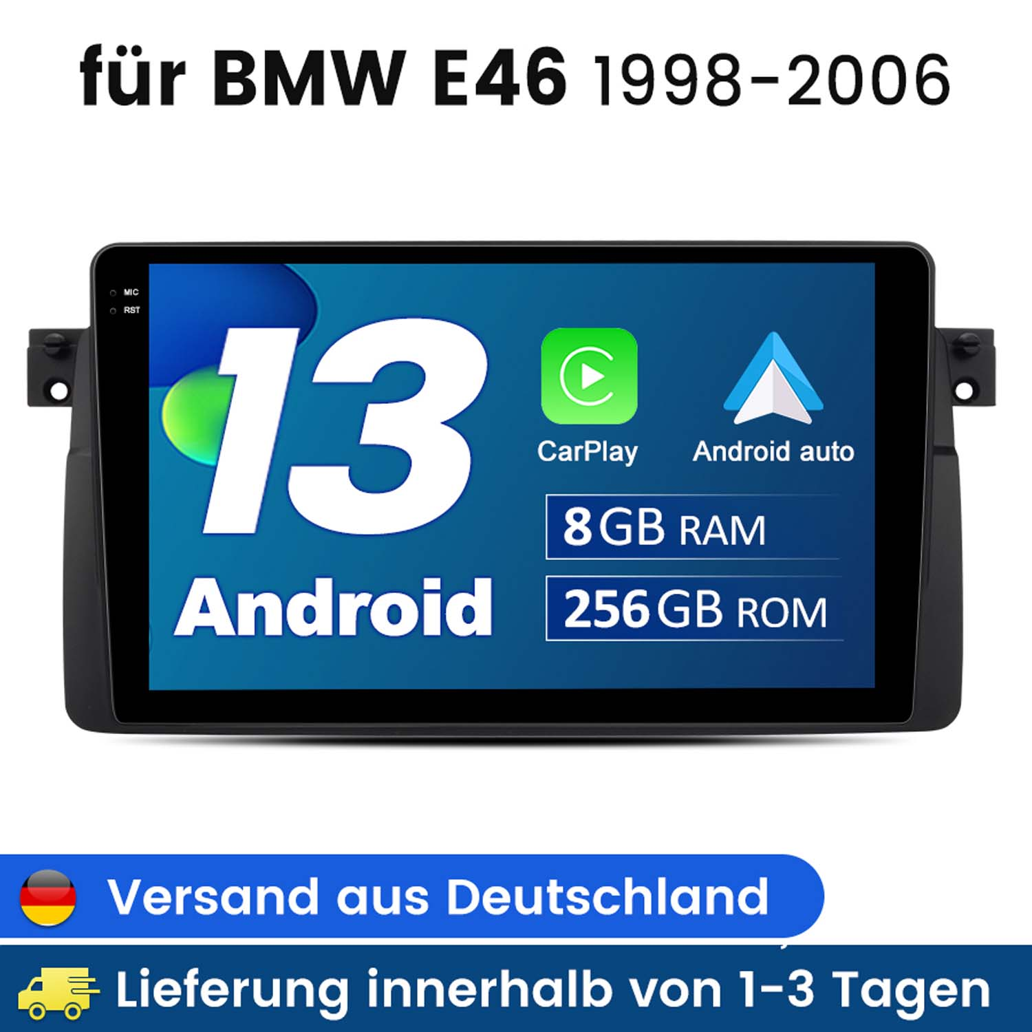 Radio samochodowe z ekranem, tekst: 'für BMW E46 1998-2006', z funkcjami i szczegółami dostawy.