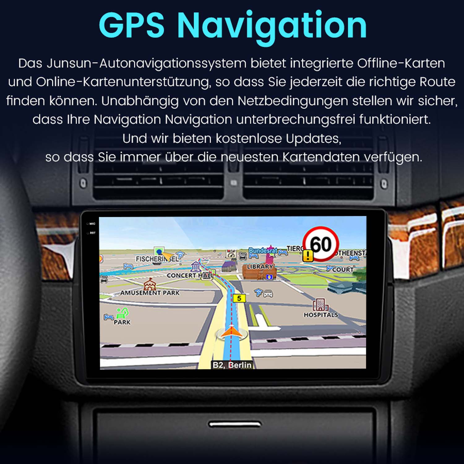 Ekran nawigacji GPS w samochodzie, pokazujący mapę z prowadzeniem po trasie.