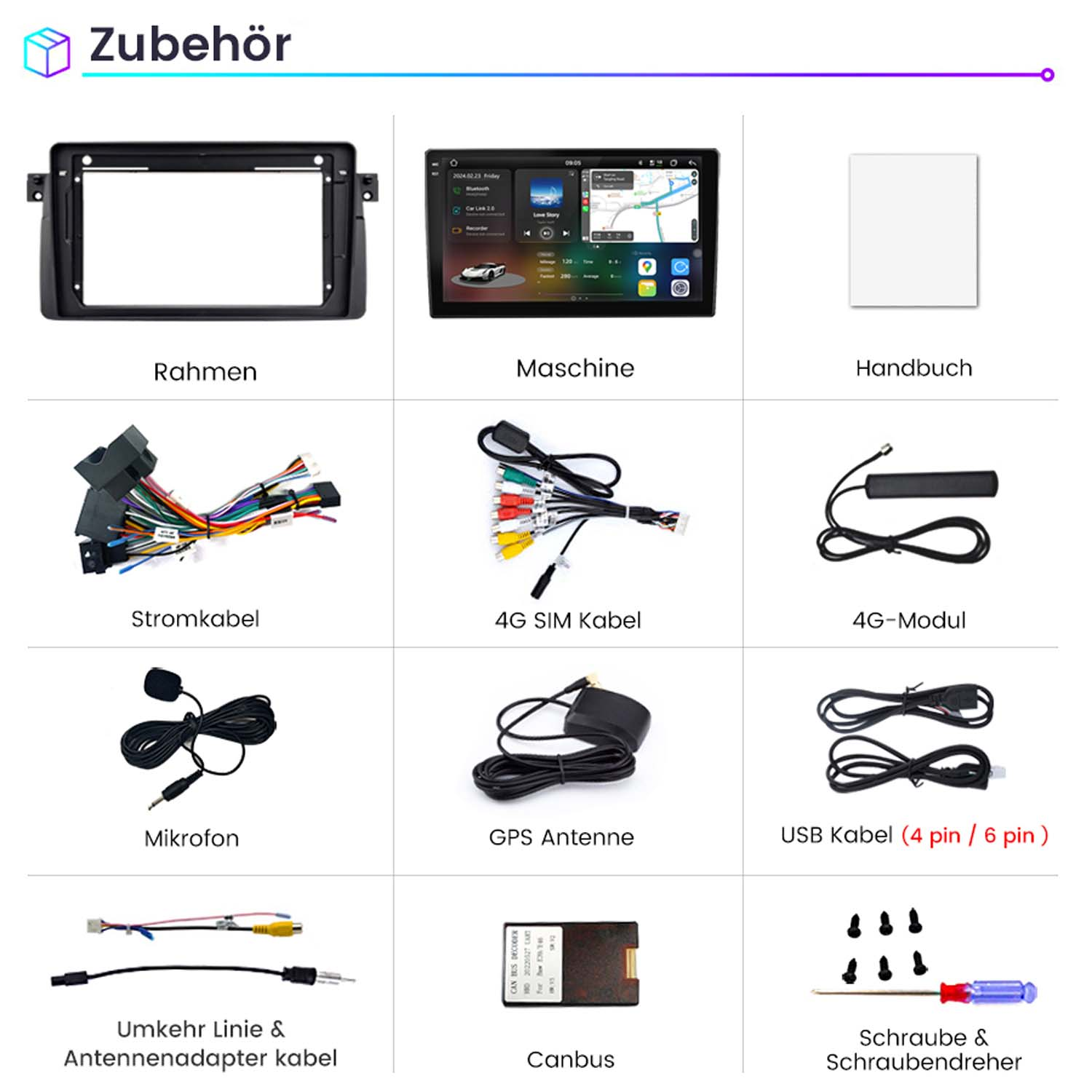 Kfz-Zubehörteile: Rahmen, Bildschirm, Kabel und andere Komponenten.
