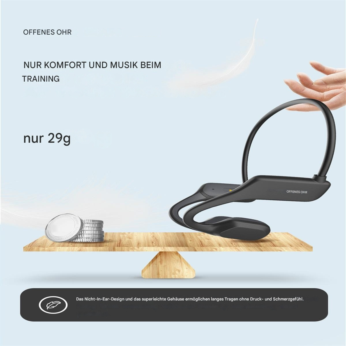 Schwarze Open-Ear-Kopfhörer auf einem Holzständer mit weißer Feder. Text sagt 29g.