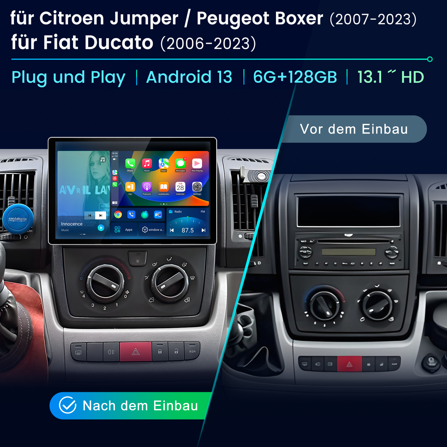 Autoradio-Installation mit Bildschirm. Vorher-Nachher-Bilder zeigen ein Armaturenbrett mit neuem Bildschirm.