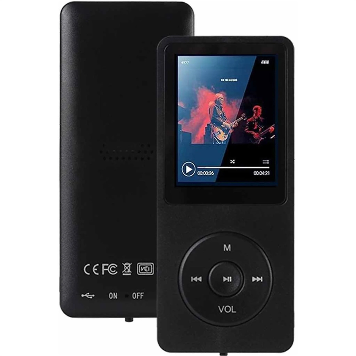 Ein schwarzer MP3-Player mit Bildschirm. Der Bildschirm zeigt einen Mann, der Gitarre spielt. Die Rückseite ist ebenfalls schwarz.