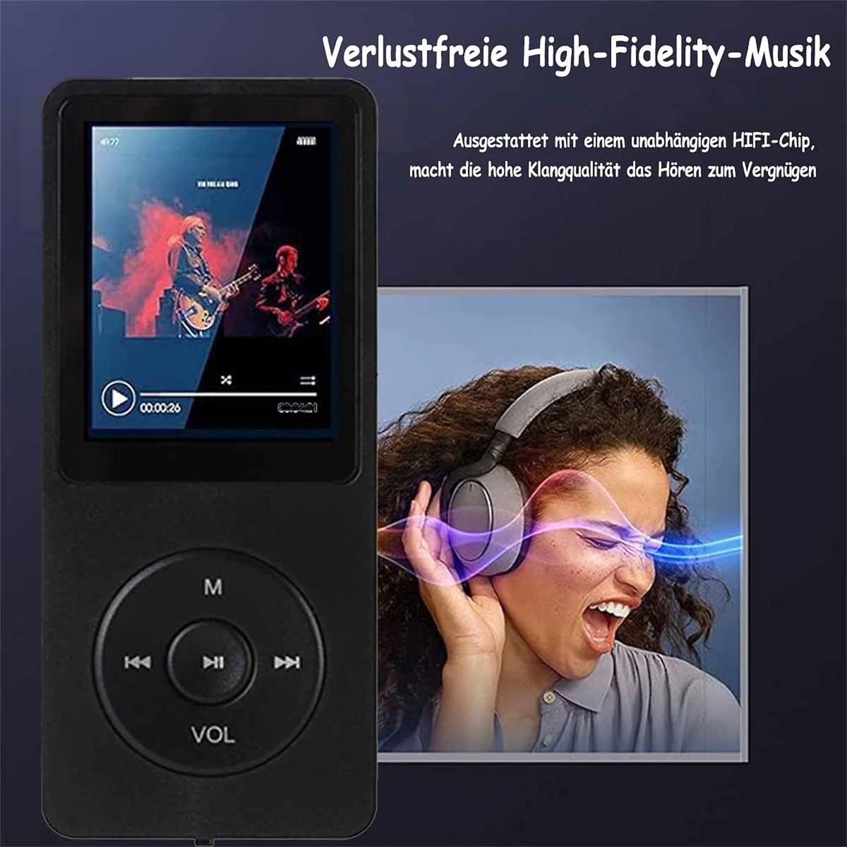Schwarzer MP3-Player mit Bildschirm, der ein Musikvideo zeigt. Eine Frau mit Kopfhörern ist abgebildet.