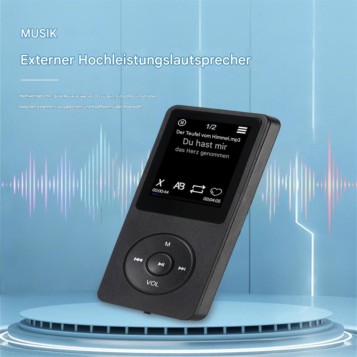 Ein schwarzer MP3-Player mit Bildschirm, der Songinformationen anzeigt. Tasten für Navigation und Lautstärke.
