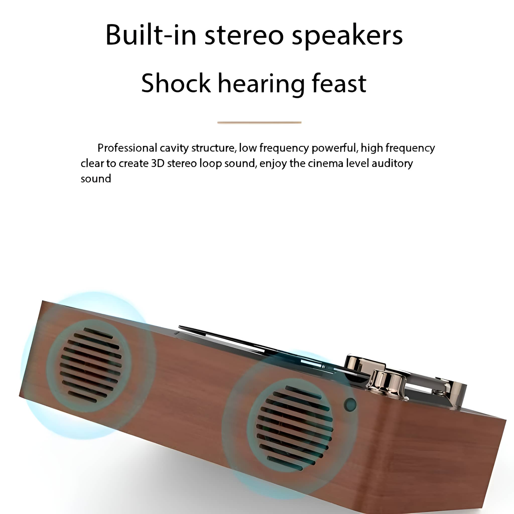 Holzlautsprecher mit Stereolautsprechern und Text, hellblaue Kreise um den Lautsprecher.