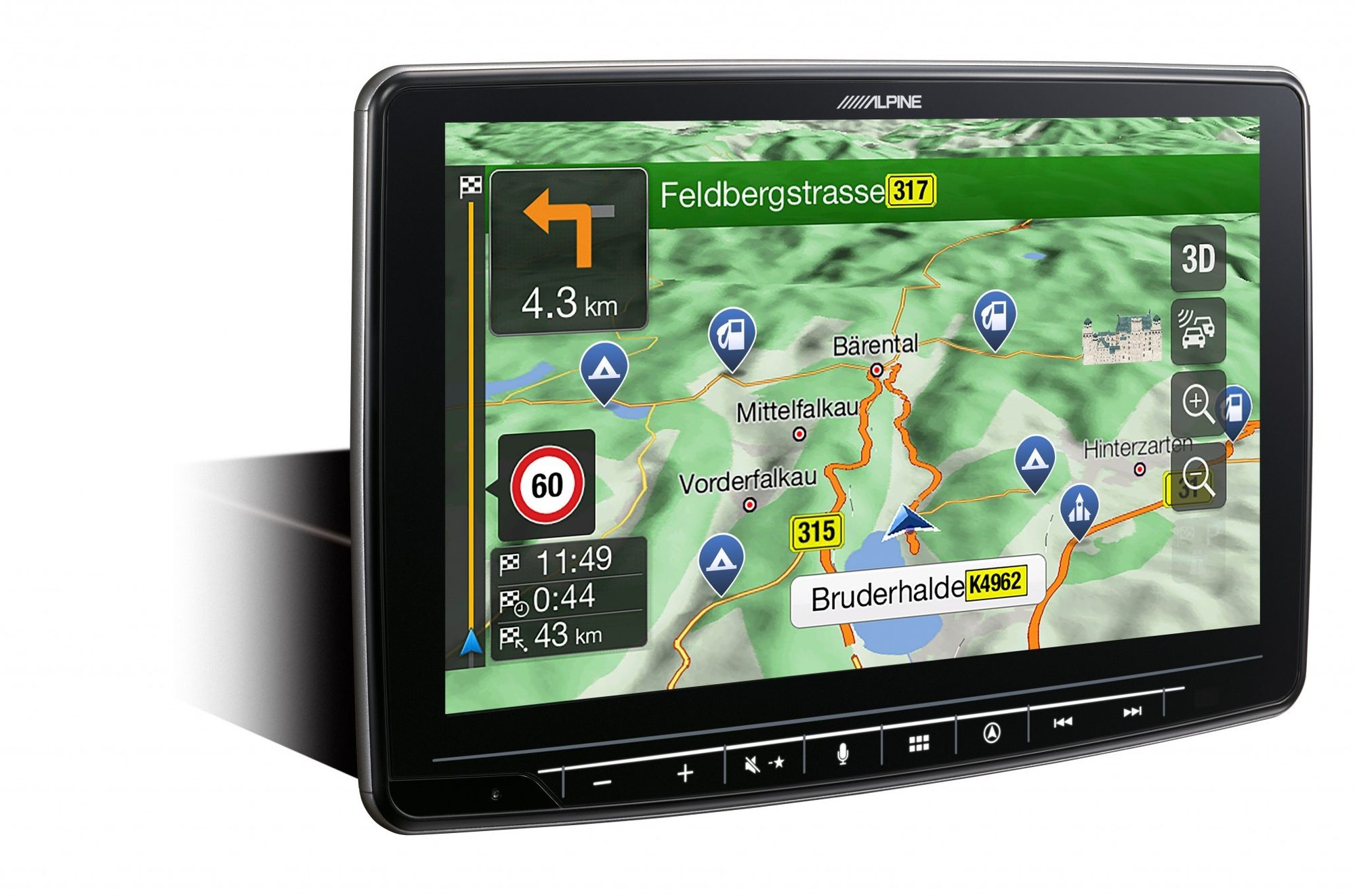 Ein schwarzes Auto-Navigationsgerät zeigt eine Karte mit Wegbeschreibungen und Verkehrsinformationen. Der Bildschirm hat eine 3D-Ansicht.