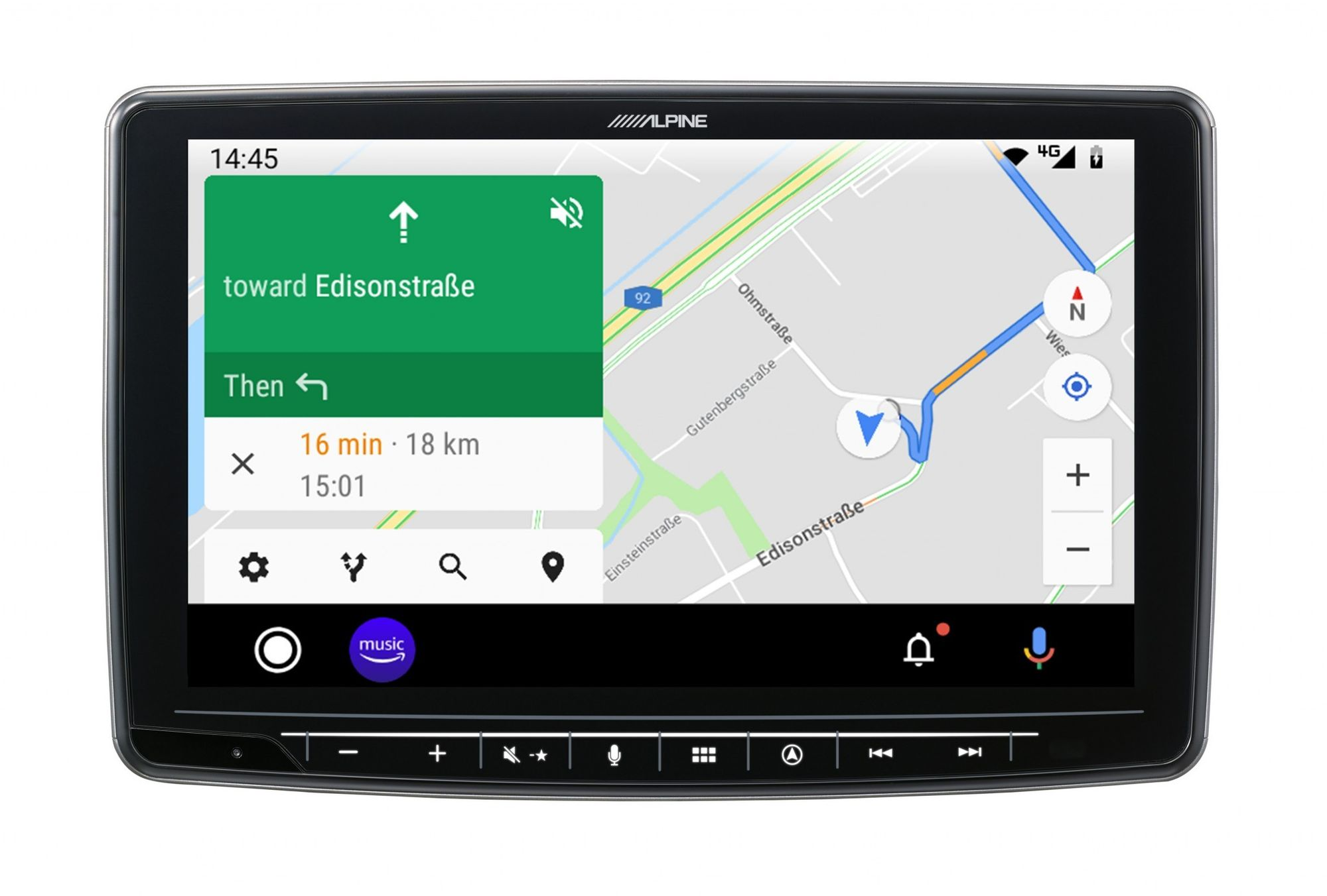 Auto-Navigationsbildschirm mit einer Karte mit Wegbeschreibungen, mit einer modernen Benutzeroberfläche.