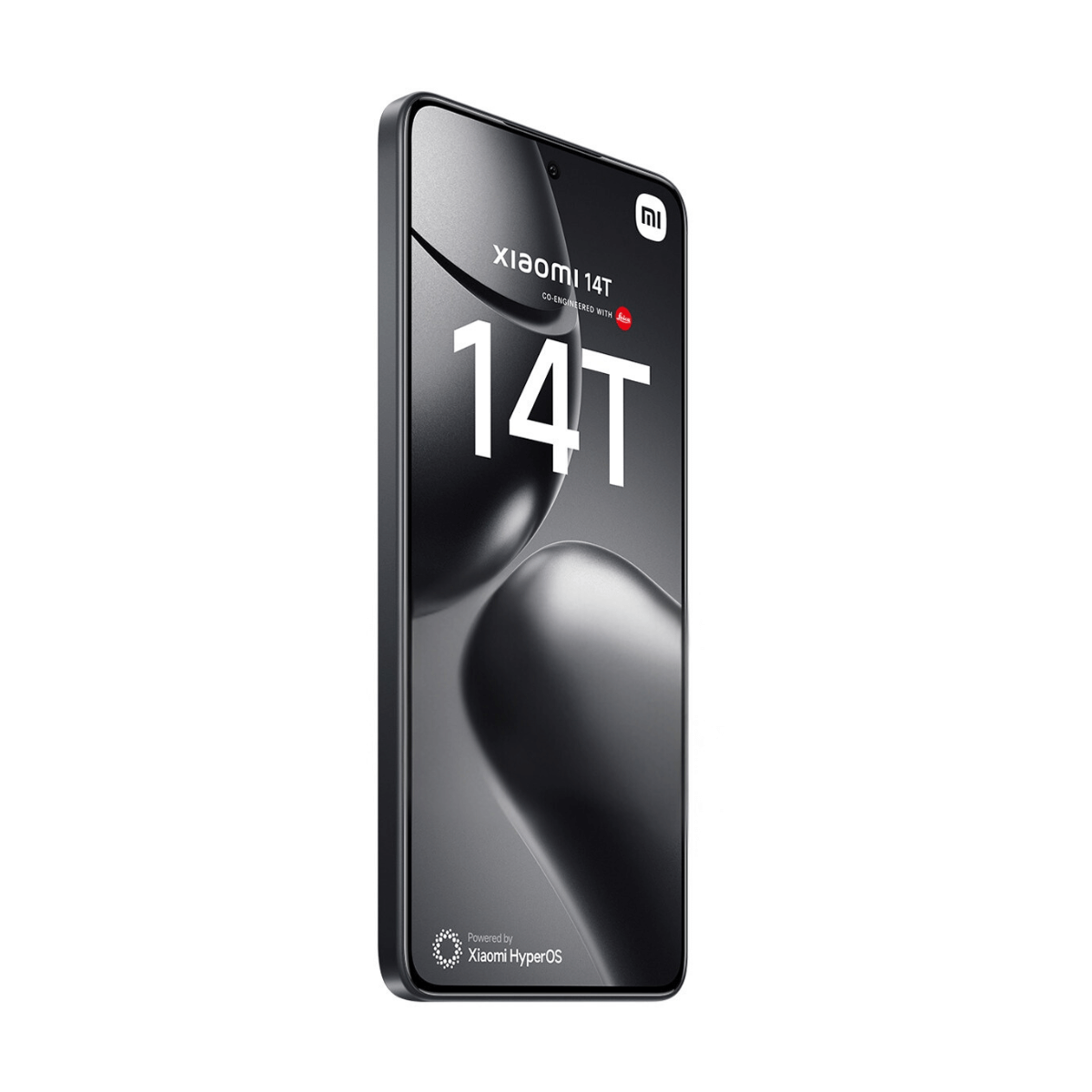 Czarny telefon Xiaomi 14T z zakrzywionym ekranem, biały tekst na czarnym tle.
