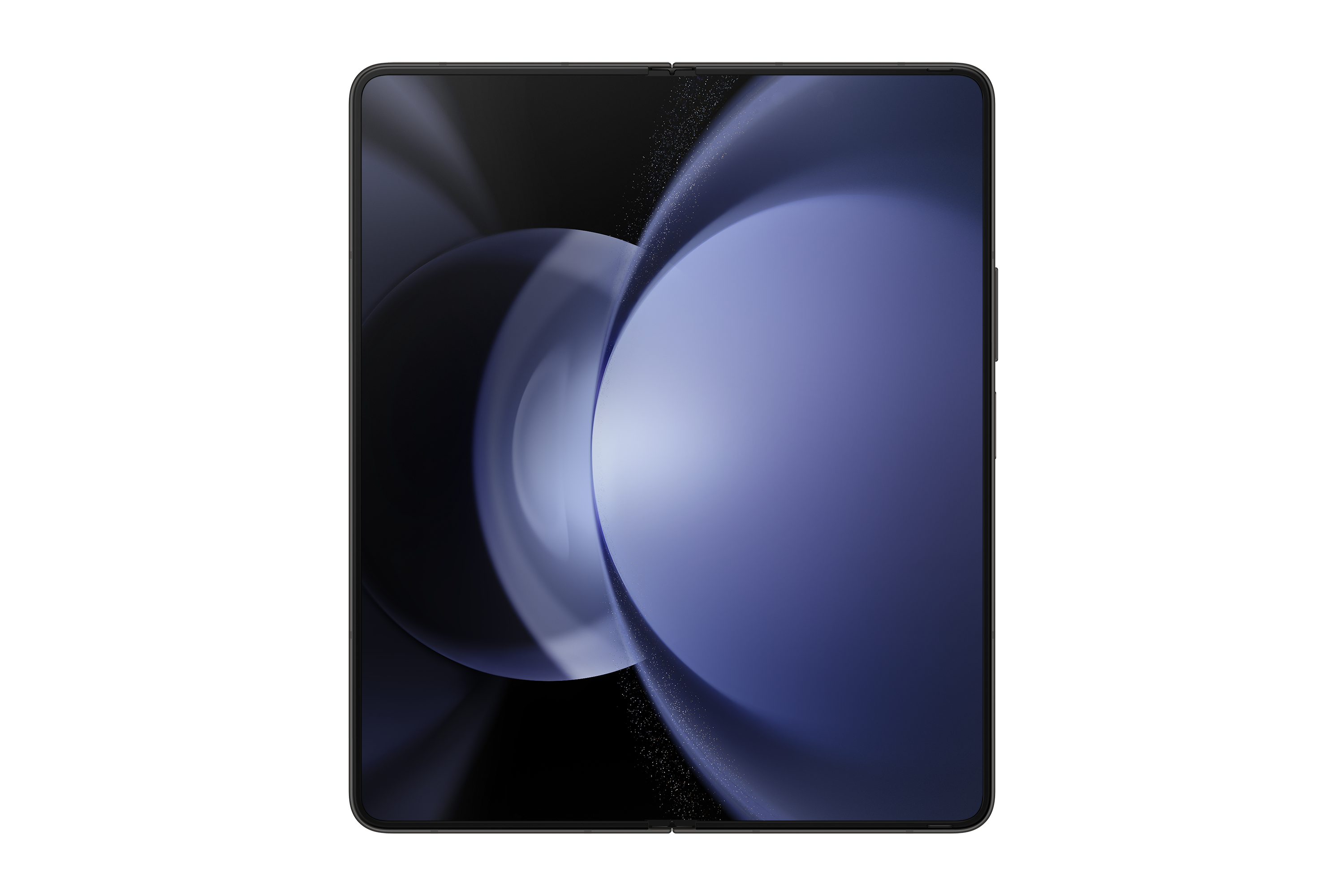 Nowoczesny, złożony czarny tablet, wyświetlający rozmyty fioletowo-biały wzór na ekranie.