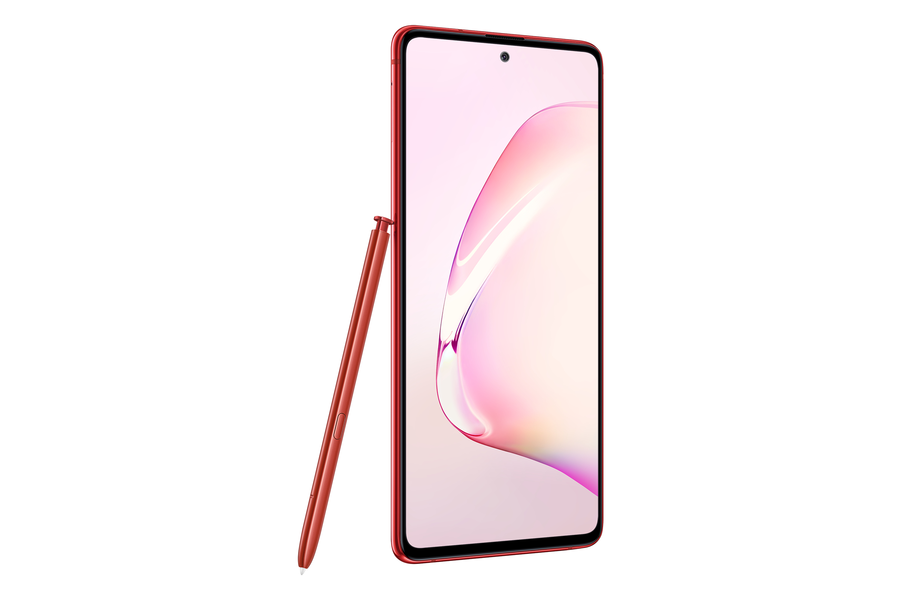 Ein rotes Telefon mit einem roten Stift, der dagegen lehnt, auf weißem Hintergrund.