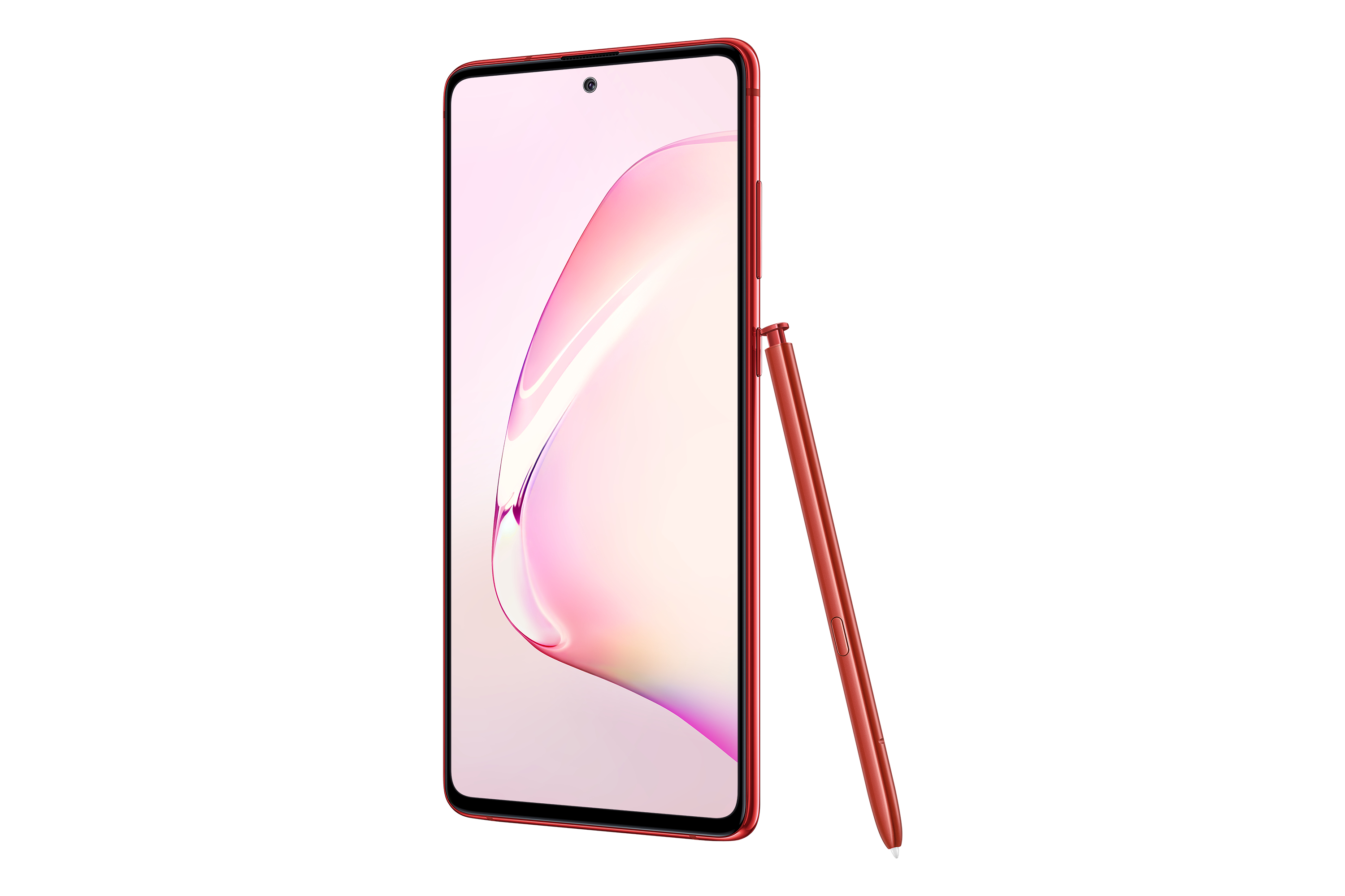 Rotes Samsung-Telefon mit Stift, abgewinkelt. Der Bildschirm zeigt ein farbenfrohes Design.