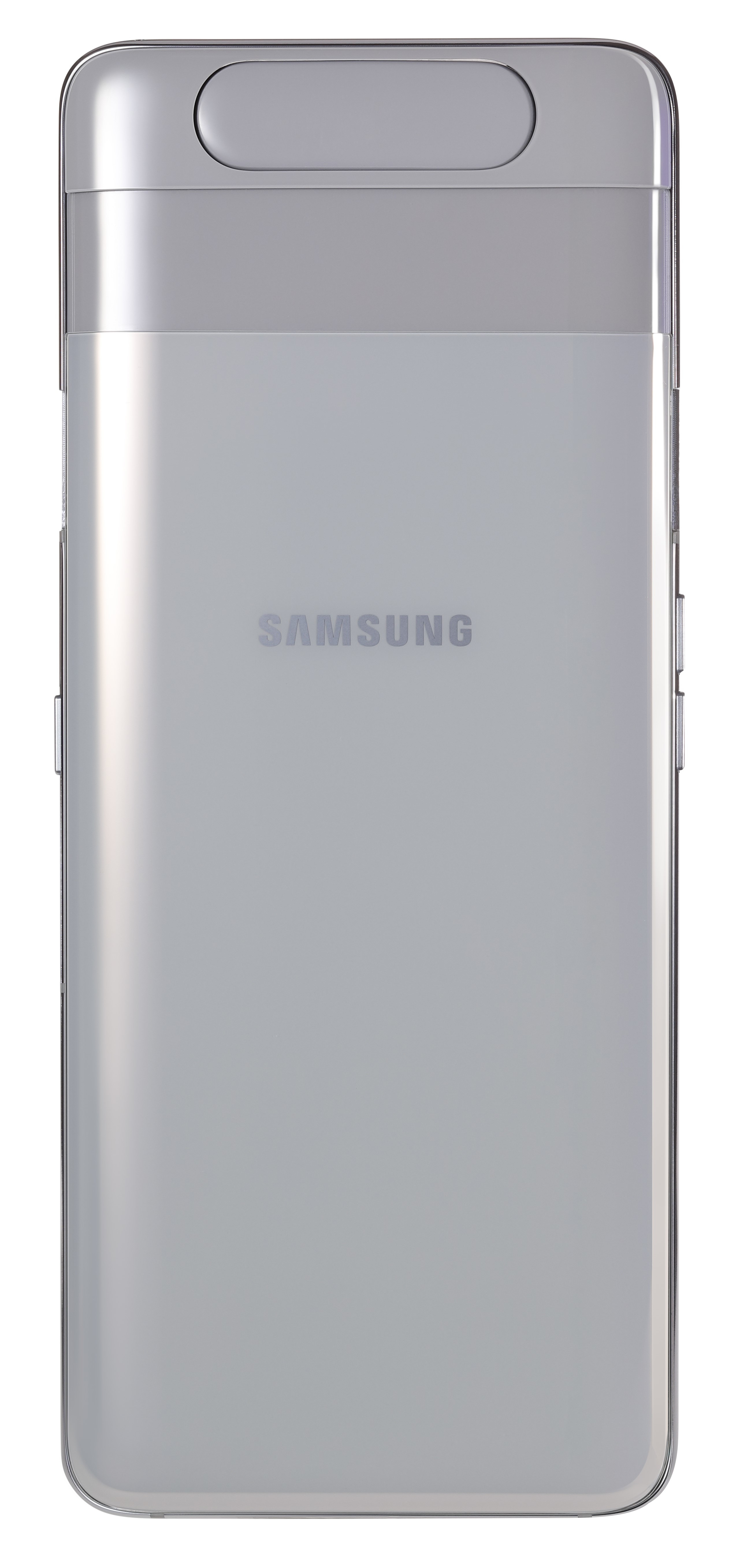 Die Rückseite eines silbernen Samsung-Telefons. Es hat das Samsung-Logo.