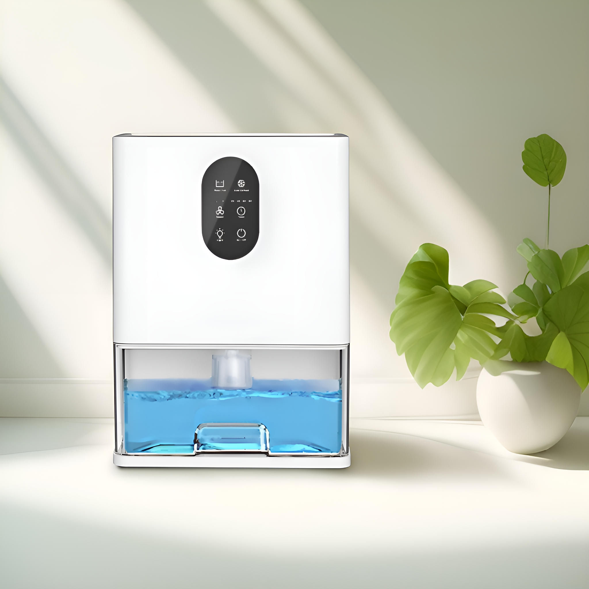 Weißer Luftreiniger mit blauem Wasser, schwarze Bedienelemente und Pflanze.