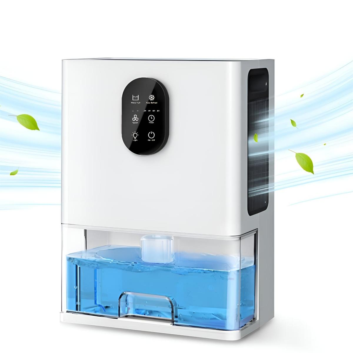 Ein weißer Luftreiniger mit Wassertank und Bedienfeld. Blauer Wassertank.