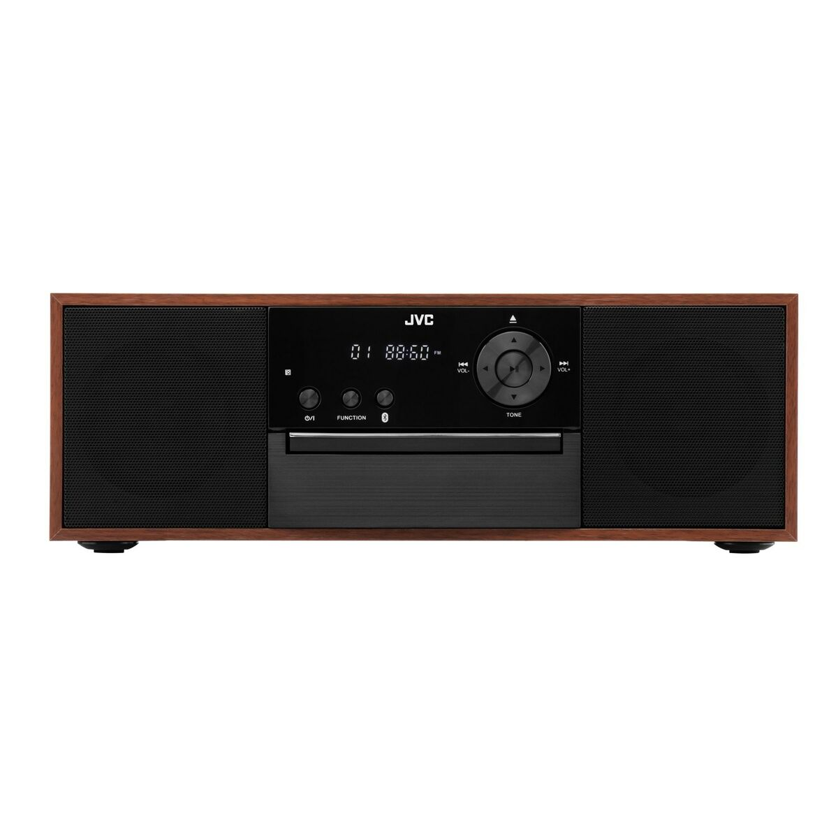 Brązowo-czarny system stereo JVC z cyfrowym wyświetlaczem i przyciskami.