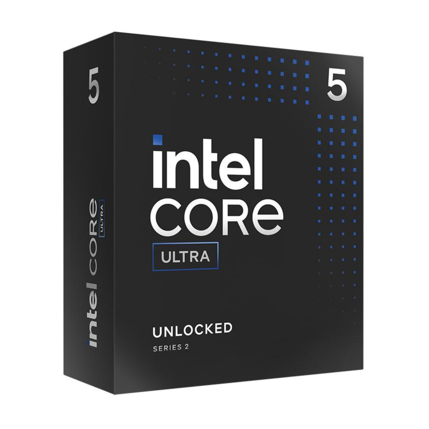 Czarne pudełko procesora Intel Core Ultra z niebieskim logo i białym tekstem.