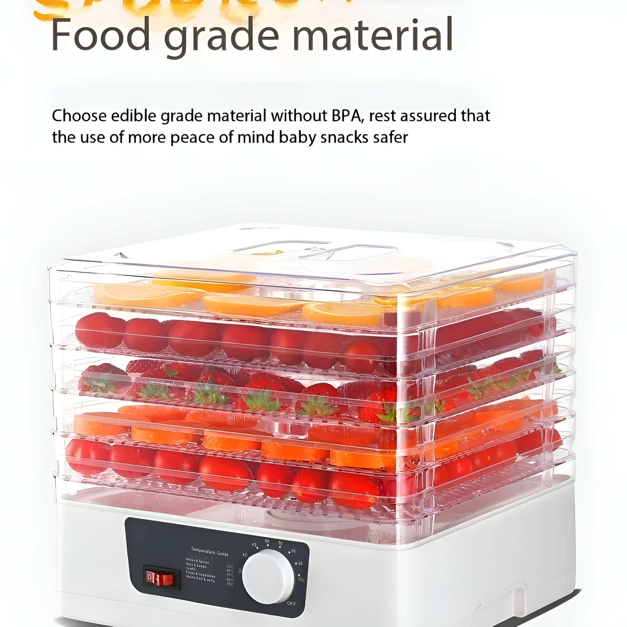 Ein Dörrgerät mit geschichteten Tabletts mit geschnittenem Obst und Gemüse, von oben beleuchtet mit Text.