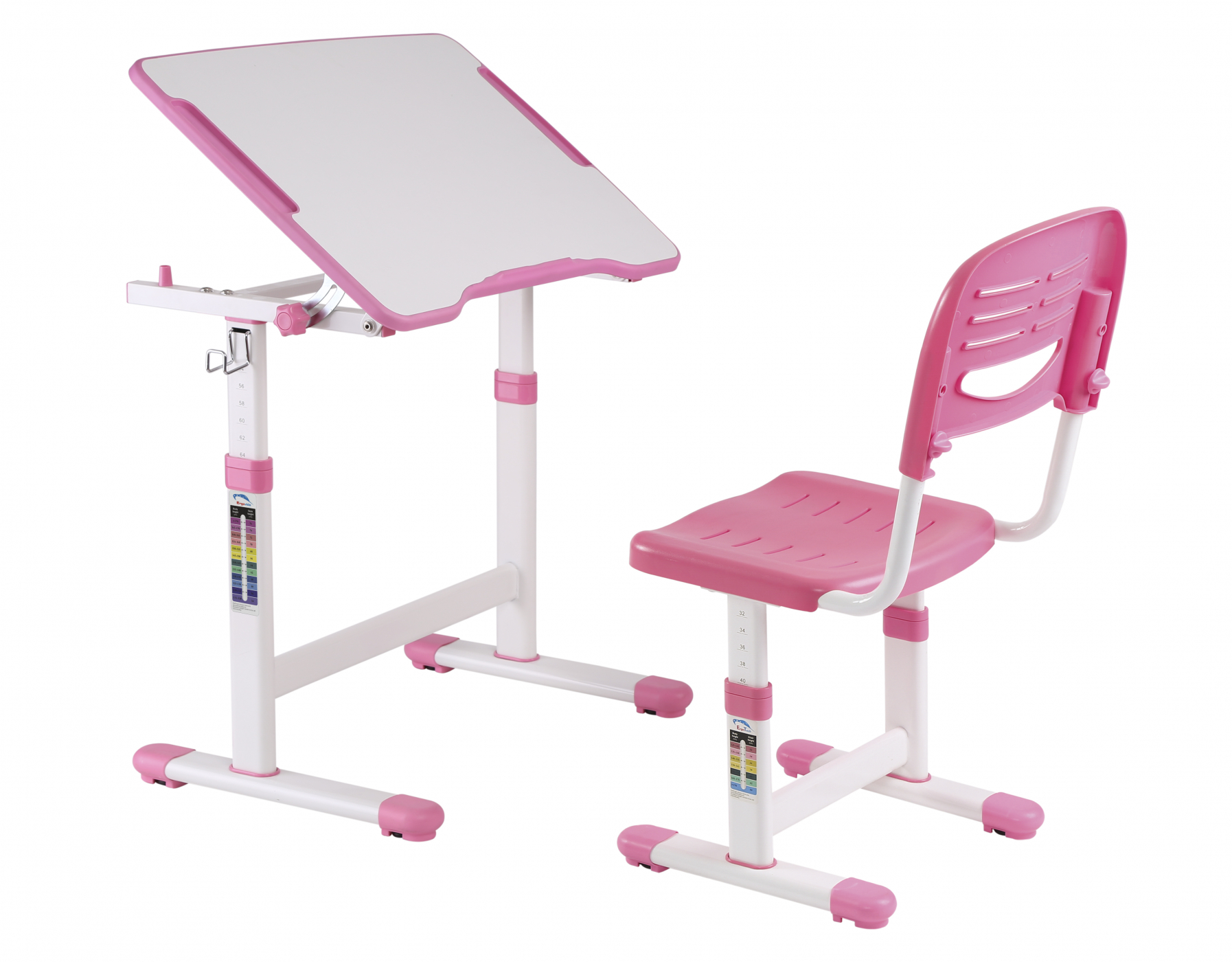 Roze en witte verstelbare bureau en stoel voor een kind.