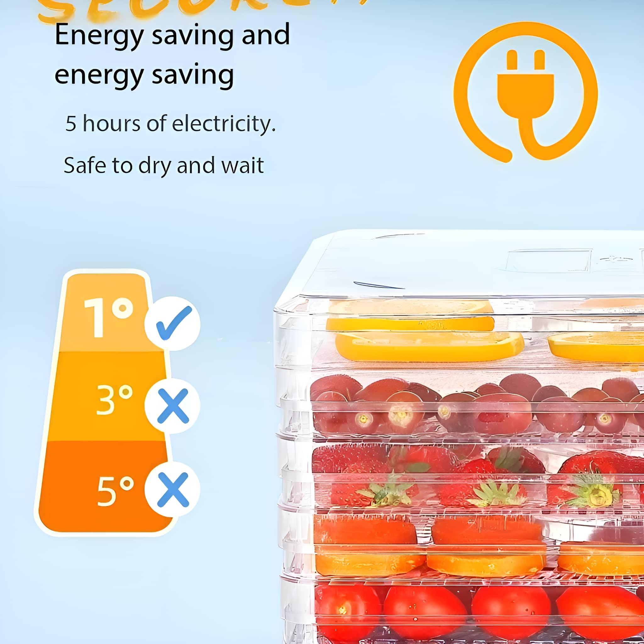 Dörrgerät mit Früchten, Text über Energiesparen und Temperaturstufen.