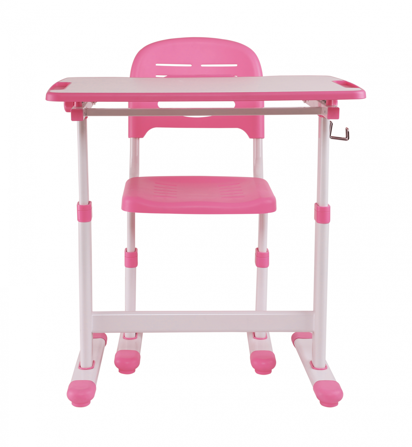 Een roze bureau en stoel voor een kind, geïsoleerd op een witte achtergrond.