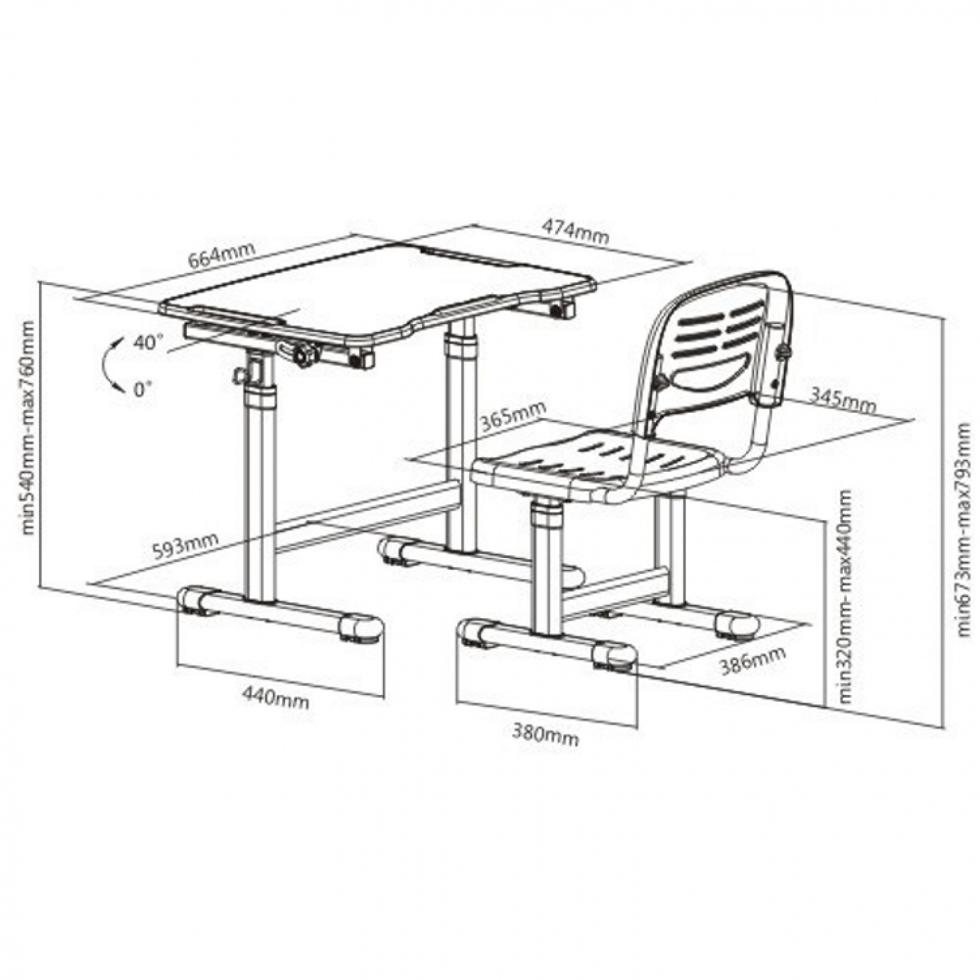 Een kinderbureau en stoel met afmetingen. Bureau verstelbaar van 540 mm tot 760 mm, stoel van 673 mm tot 793 mm.