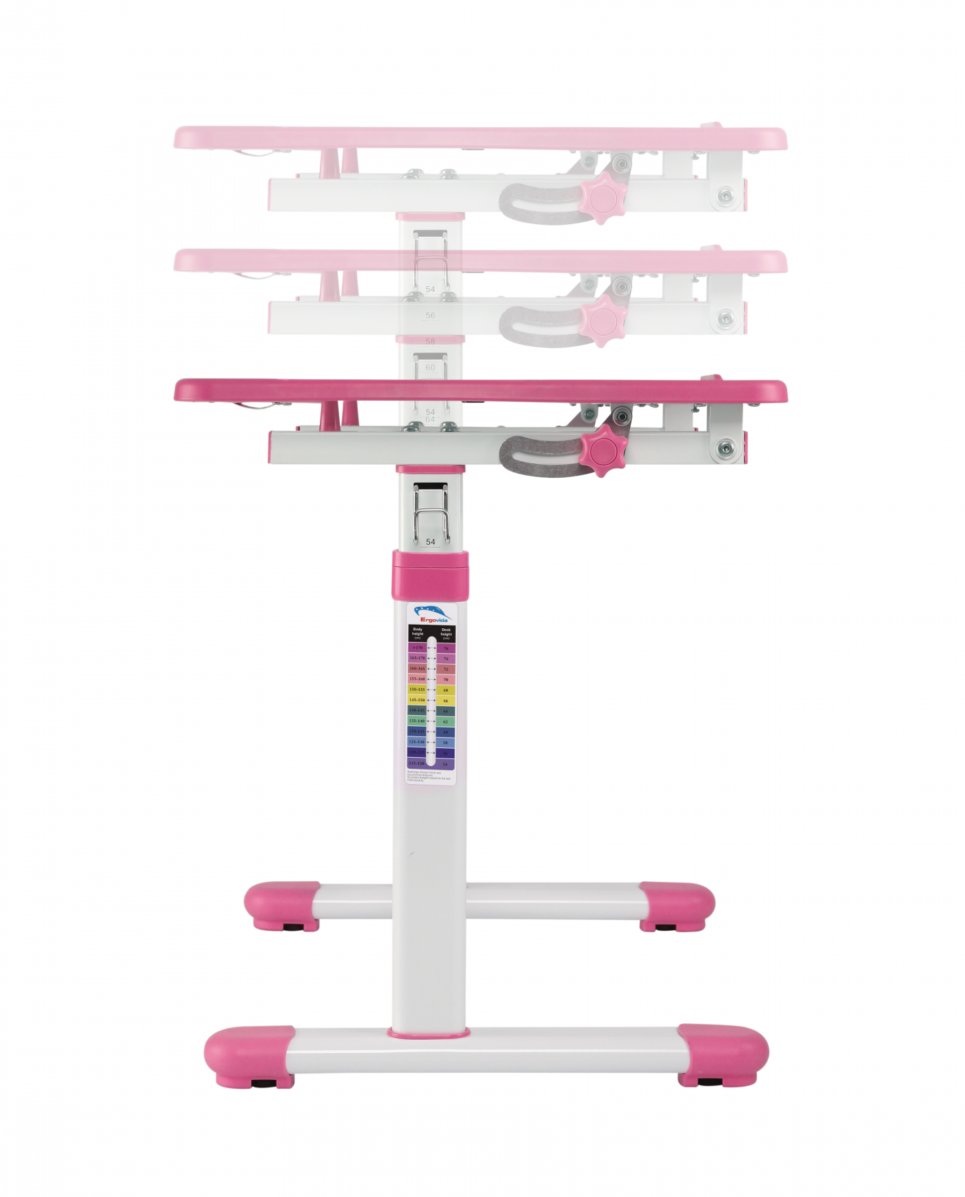 Een roze, in hoogte verstelbaar bureau met een wit frame.