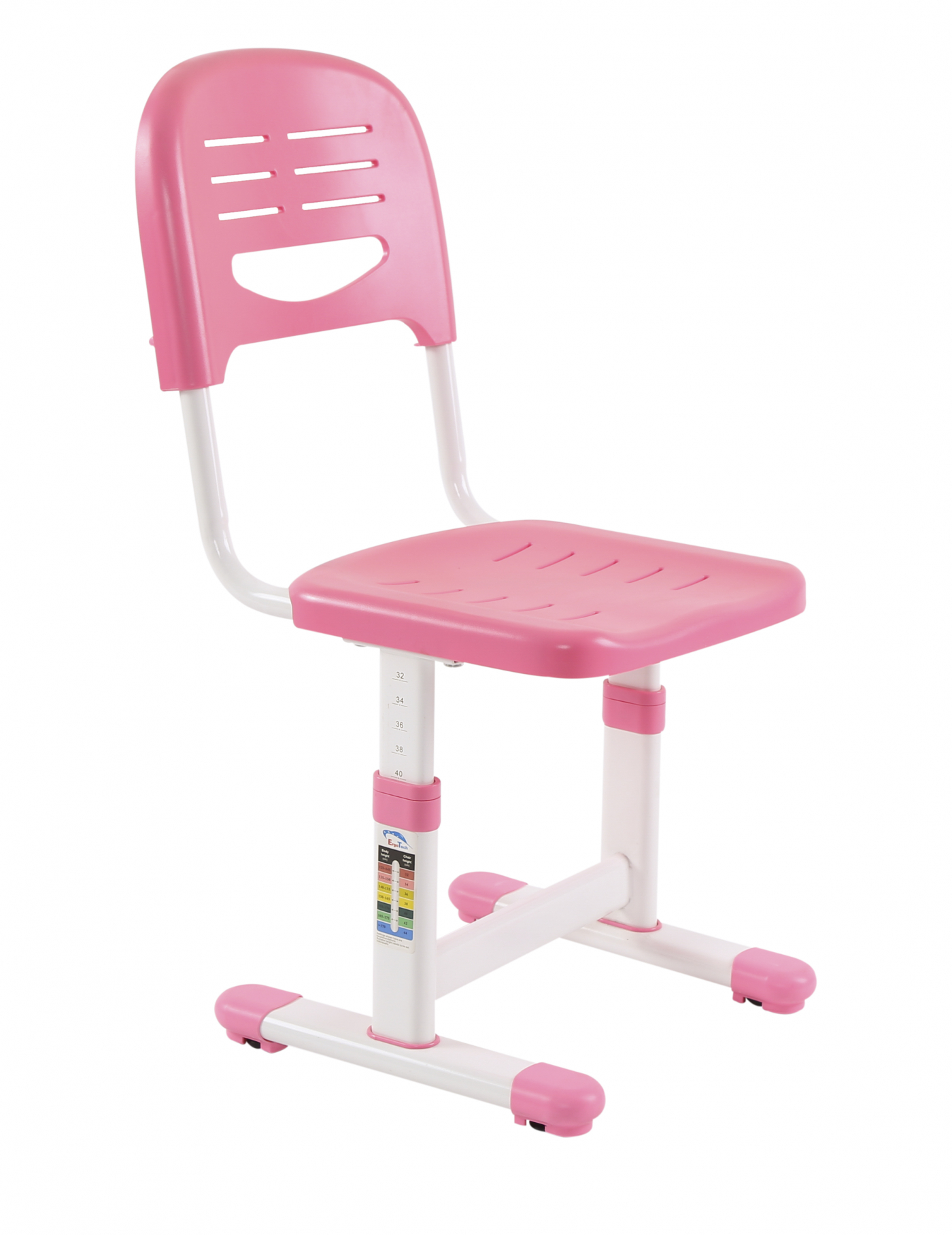 Roze kinderstoel met verstelbare hoogte en een ontwerp met een lachend gezicht.