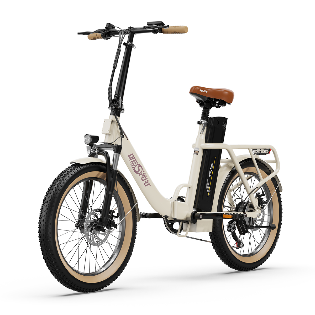 Ein cremefarbenes Elektrofahrrad mit beigefarbenen Reifen und braunem Sattel, vor weißem Hintergrund.