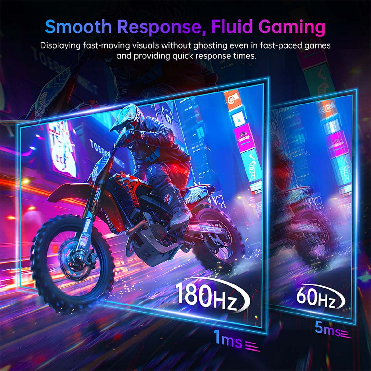 Tre schermi che mostrano una scena di corse motociclistiche con diverse frequenze di aggiornamento: 180Hz, 60Hz e 1ms, 5ms.