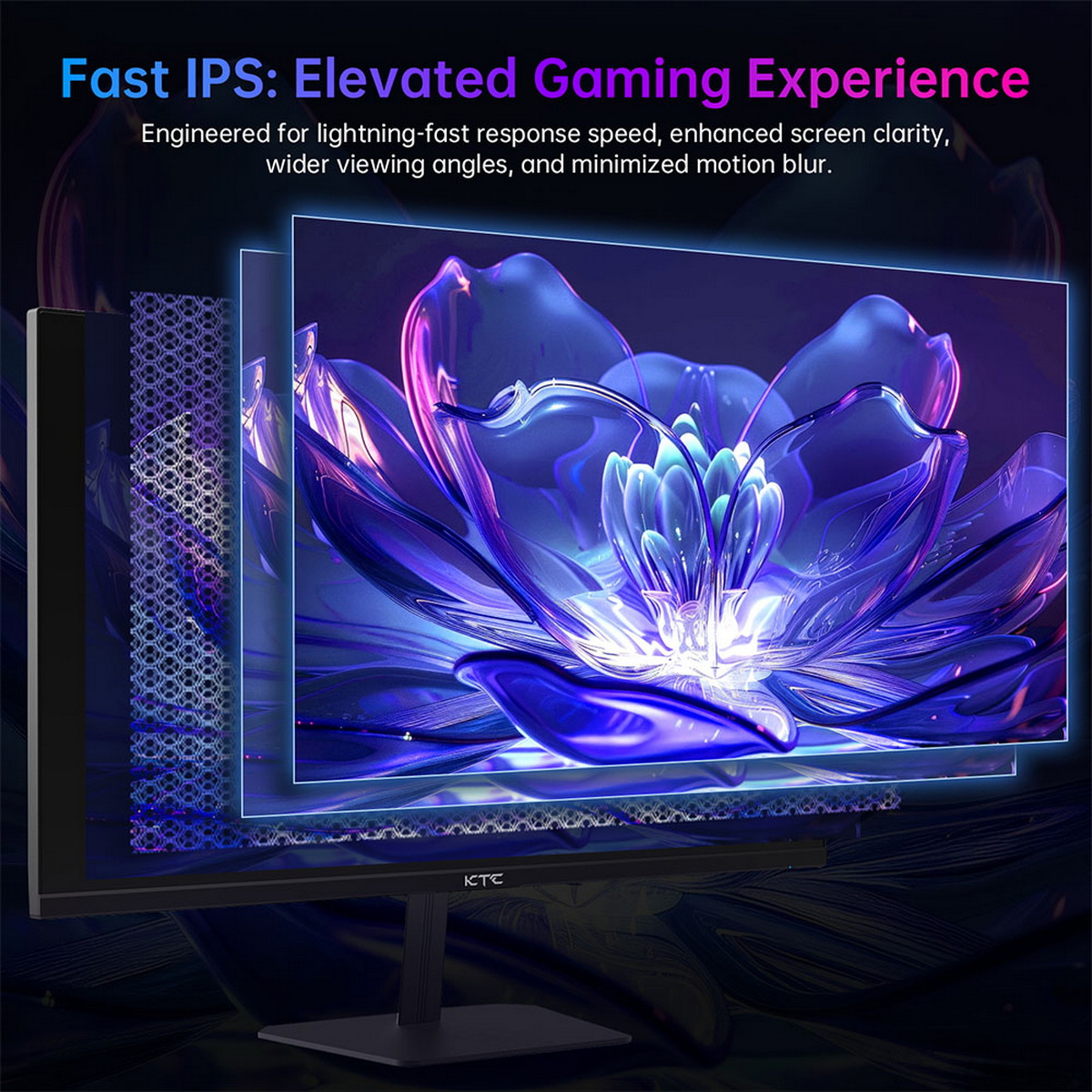 Monitor nero con design floreale blu e viola. Il testo dice 'Fast IPS: Elevated Gaming Experience'.
