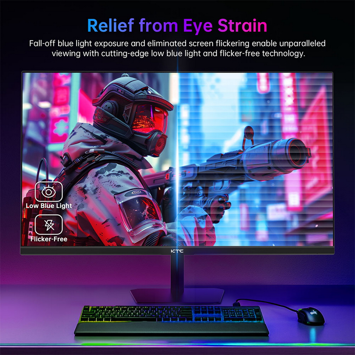 Monitor che mostra una scena di gioco con una persona con maschera antigas. Testo sull'affaticamento degli occhi.