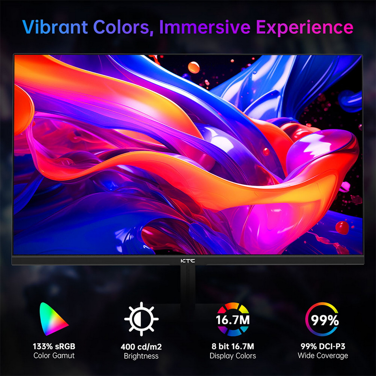 Monitor con colori vivaci. Il testo mostra la gamma cromatica, la luminosità e i colori del display.