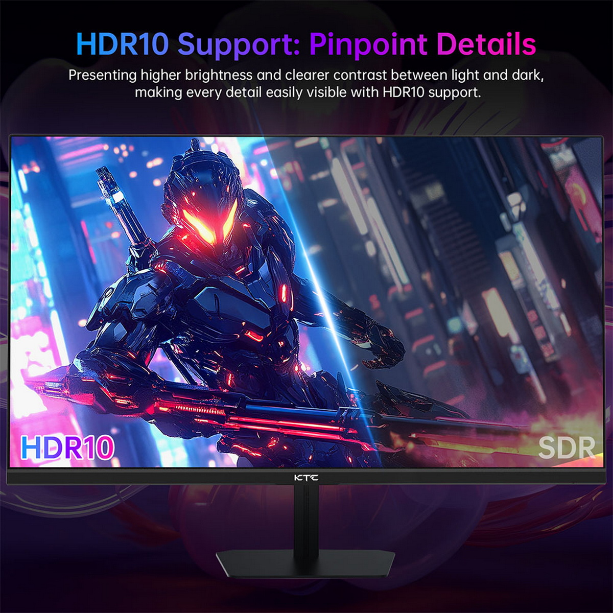 Un monitor curvo che mostra una scena di gioco, con testo che indica il supporto HDR10.