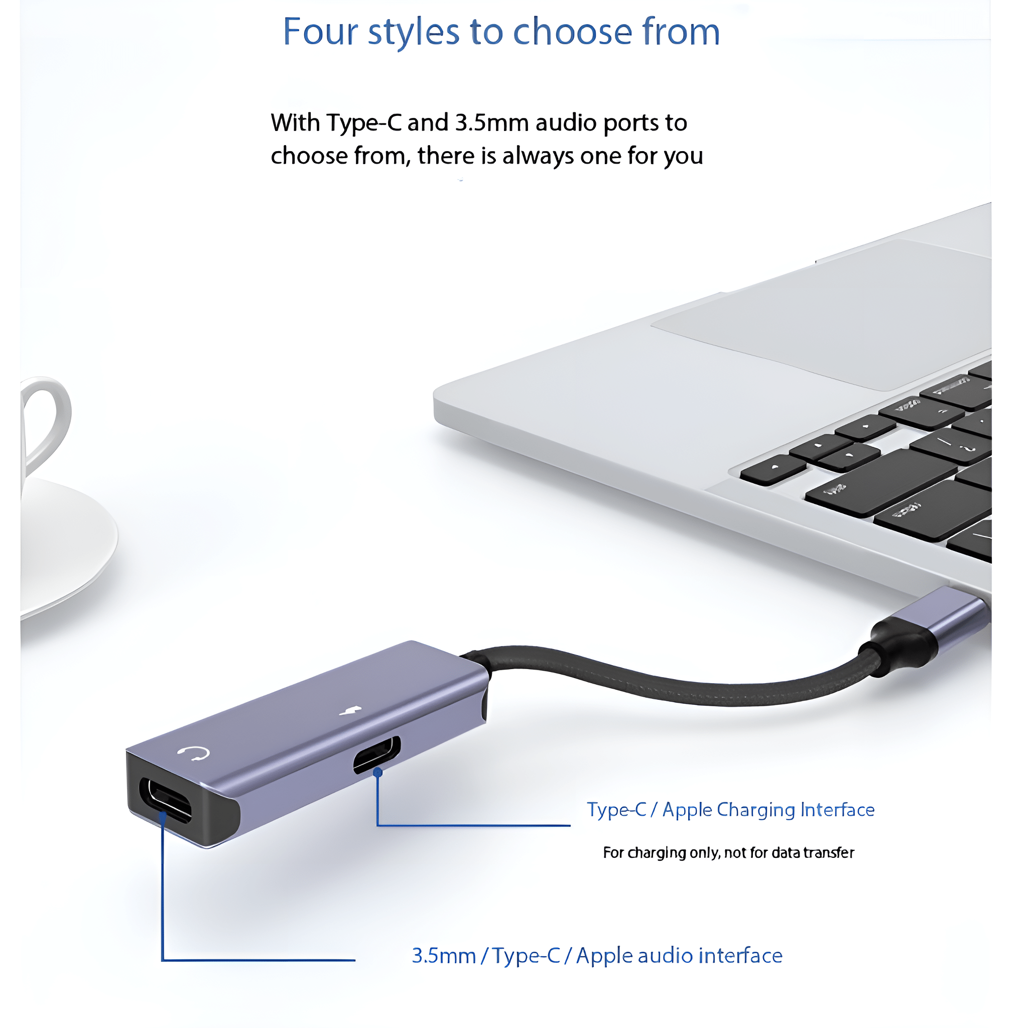 Ein Ladeadapter mit Kabel, ein Laptop und Textbeschriftungen, die Anschlüsse und Schnittstellen anzeigen.